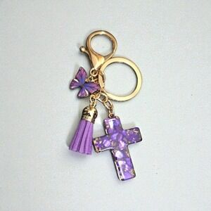 Purple Butterfly Cross Tassel Keychain Gold Tone‎ Religious Charm Bag Accessory